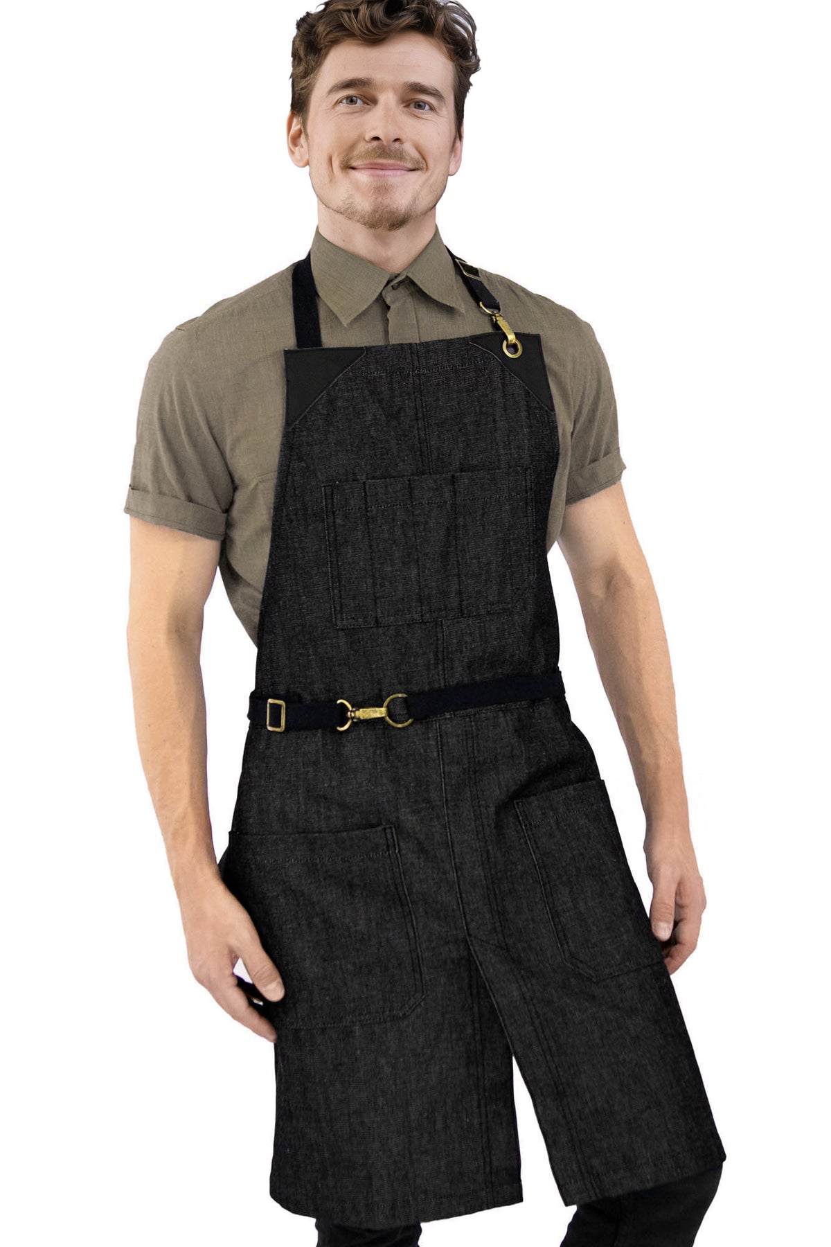 Denim Apron - Easy-Fastening, Leather Trim, Adjustable - Chef, Bartender, BBQ, Shop, Barber, Salon - Under NY Sky
