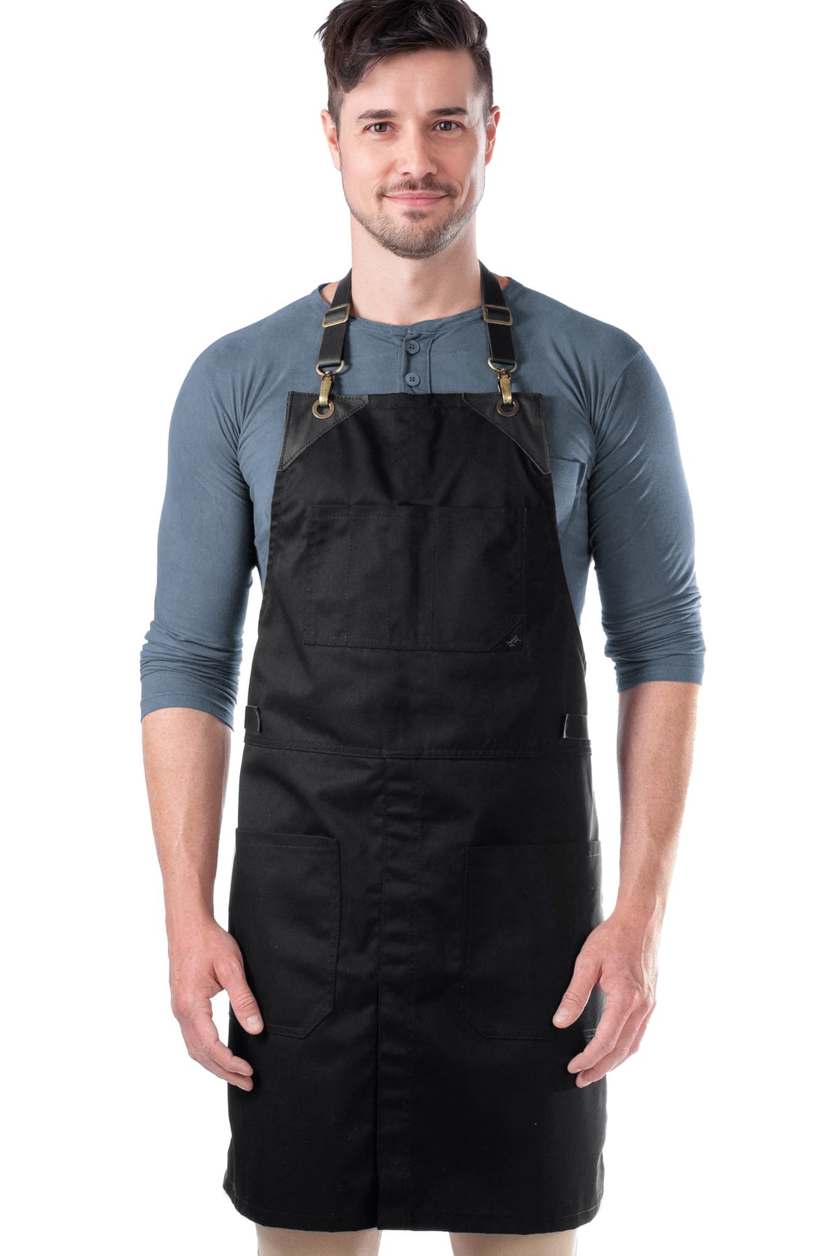 Leather Straps Apron - Twill - Easy-Fastening No-Tie - Chef, Bartender, Shop, Barista