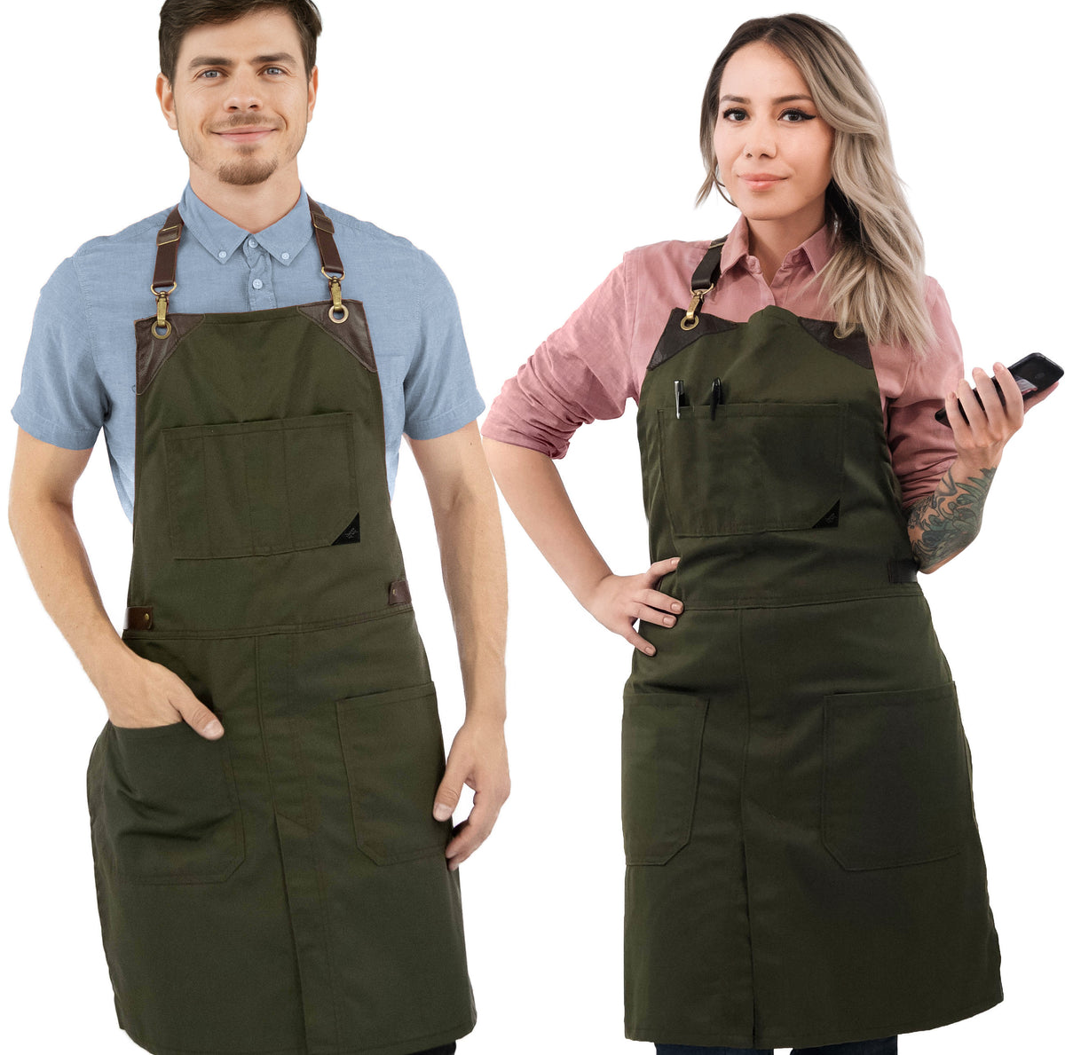 Leather Straps Apron - Twill - Easy-Fastening No-Tie - Chef, Bartender, Shop, Barista  -  Under NY Sky