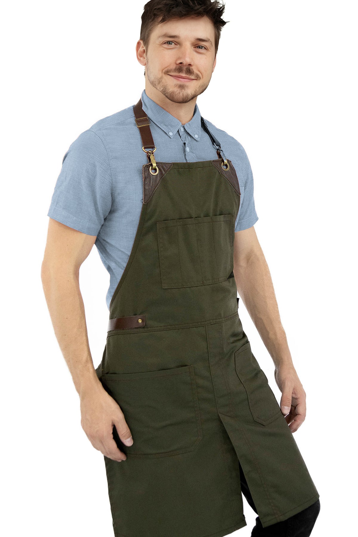 Leather Straps Apron - Twill - Easy-Fastening No-Tie - Chef, Bartender, Shop, Barista  -  Under NY Sky