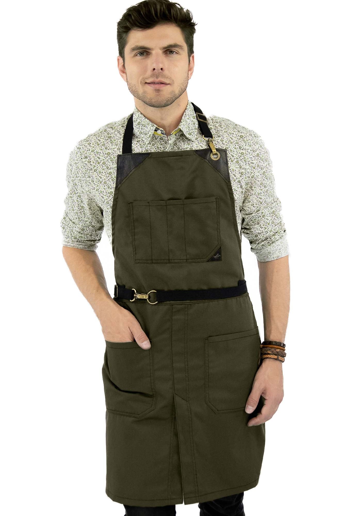 Chef Apron - NoTie - Gray, Brown, Green, or Black Twill - Blue or Black Denim - Leather Trim, 2024 Split-Leg, Bartender, Shop, Barber, Salon