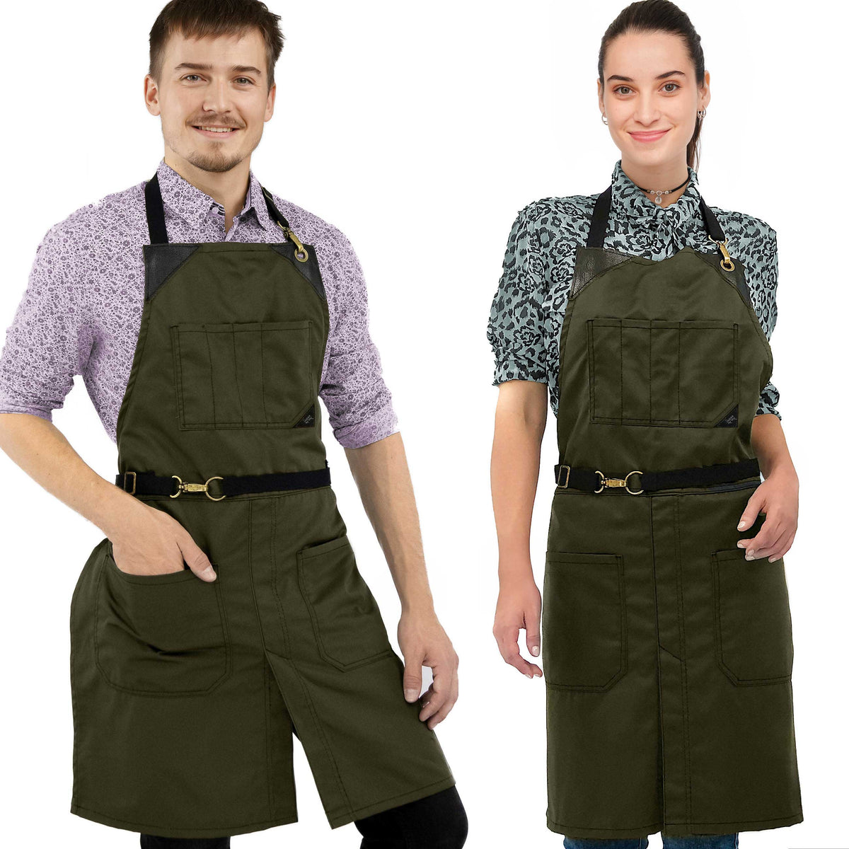 Chef Apron - Twill, No-Tie, Leather Trim, Split - Chef, Bartender, Barista, Grill, Shop - Under NY Sky