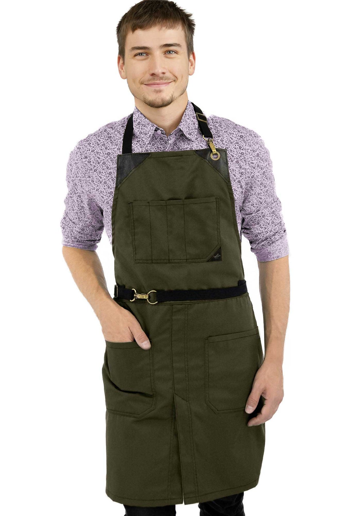 Chef Apron - Twill, No-Tie, Leather Trim, Split - Chef, Bartender, Barista, Grill, Shop - Under NY Sky