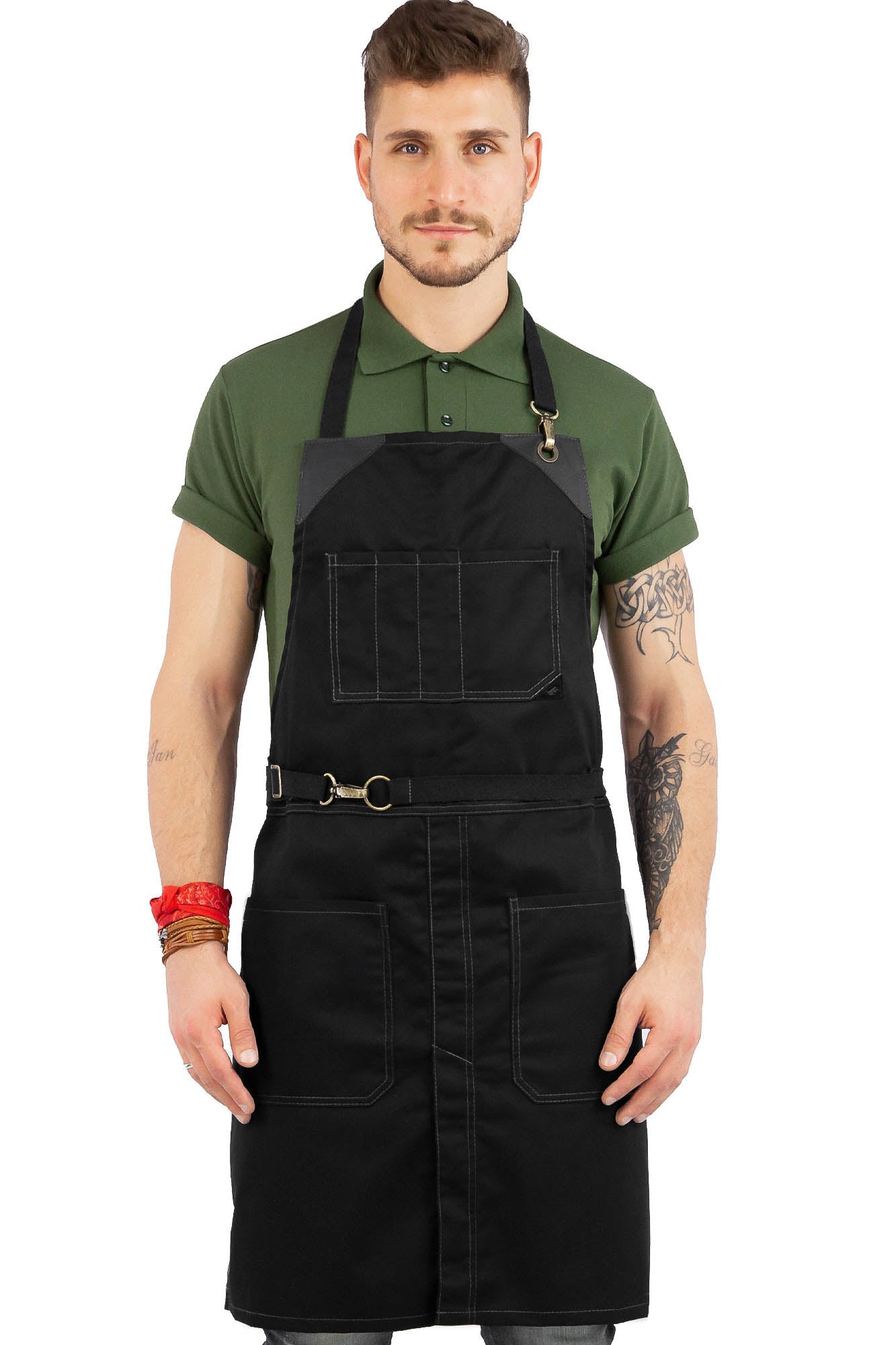 Chef Apron - Twill, No-Tie, Leather Trim, Split - Chef