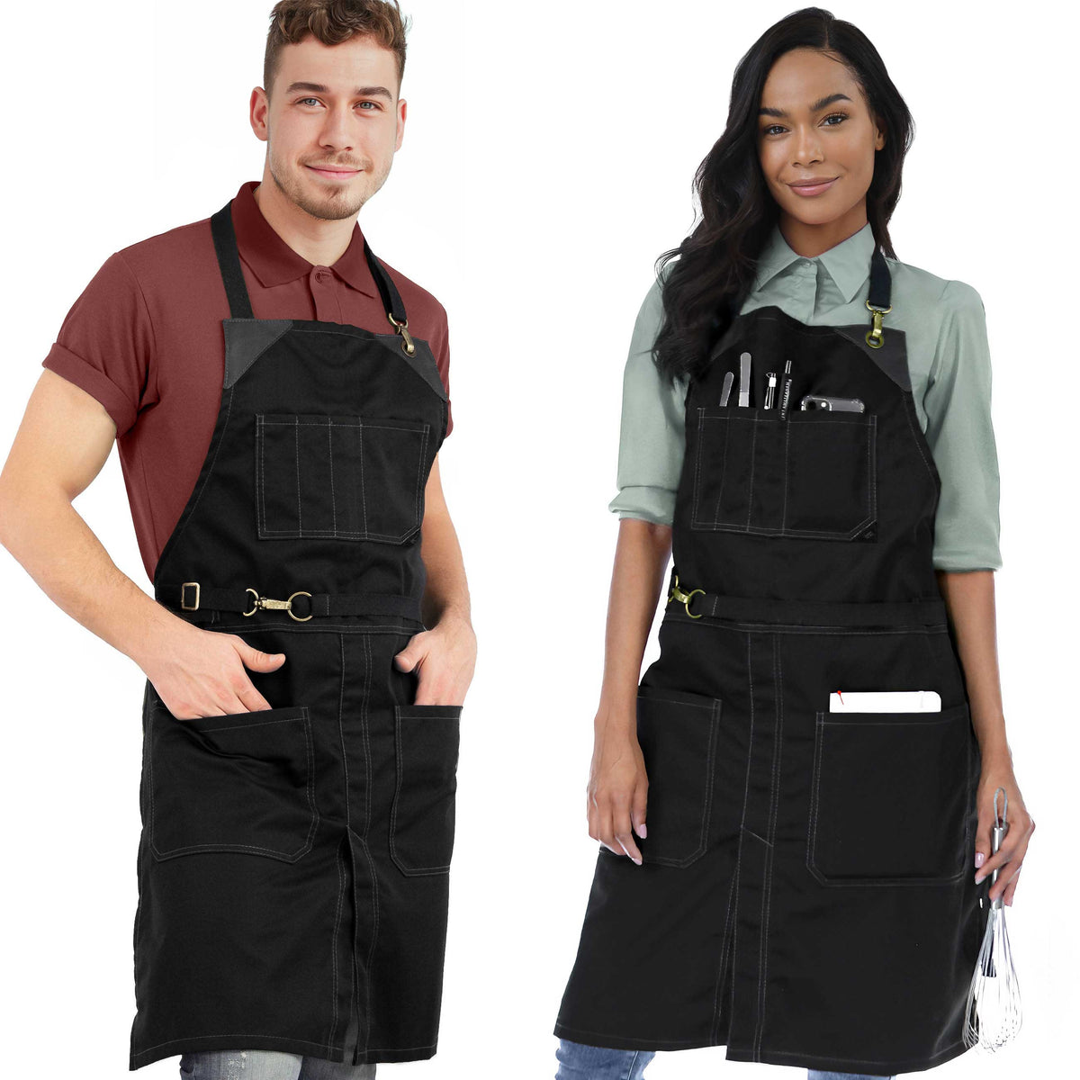 Chef Apron - Twill, No-Tie, Leather Trim, Split - Chef, Bartender, Barista, Grill, Shop - Under NY Sky