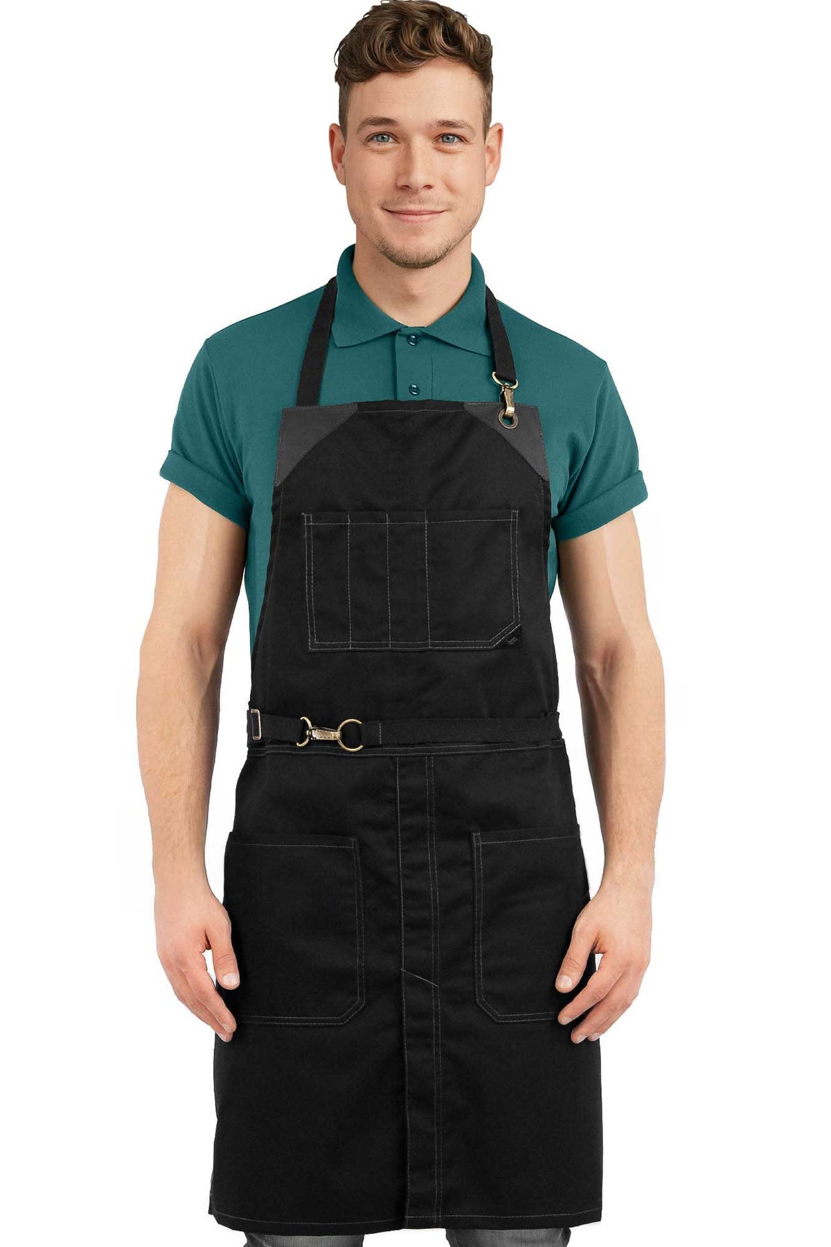 Chef Apron - Twill, No-Tie, Leather Trim, Split - Chef, Bartender, Barista, Grill, Shop - Under NY Sky