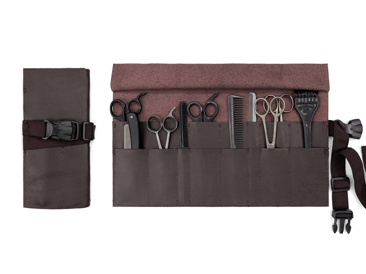Scissors Roll Up Holder – Genuine Leather Pouch Case for Hair Stylists, Barbers &amp; Hairdressers – Organizer for Hair Cutting Shears &amp; Salon Tools -  Under NY Sky