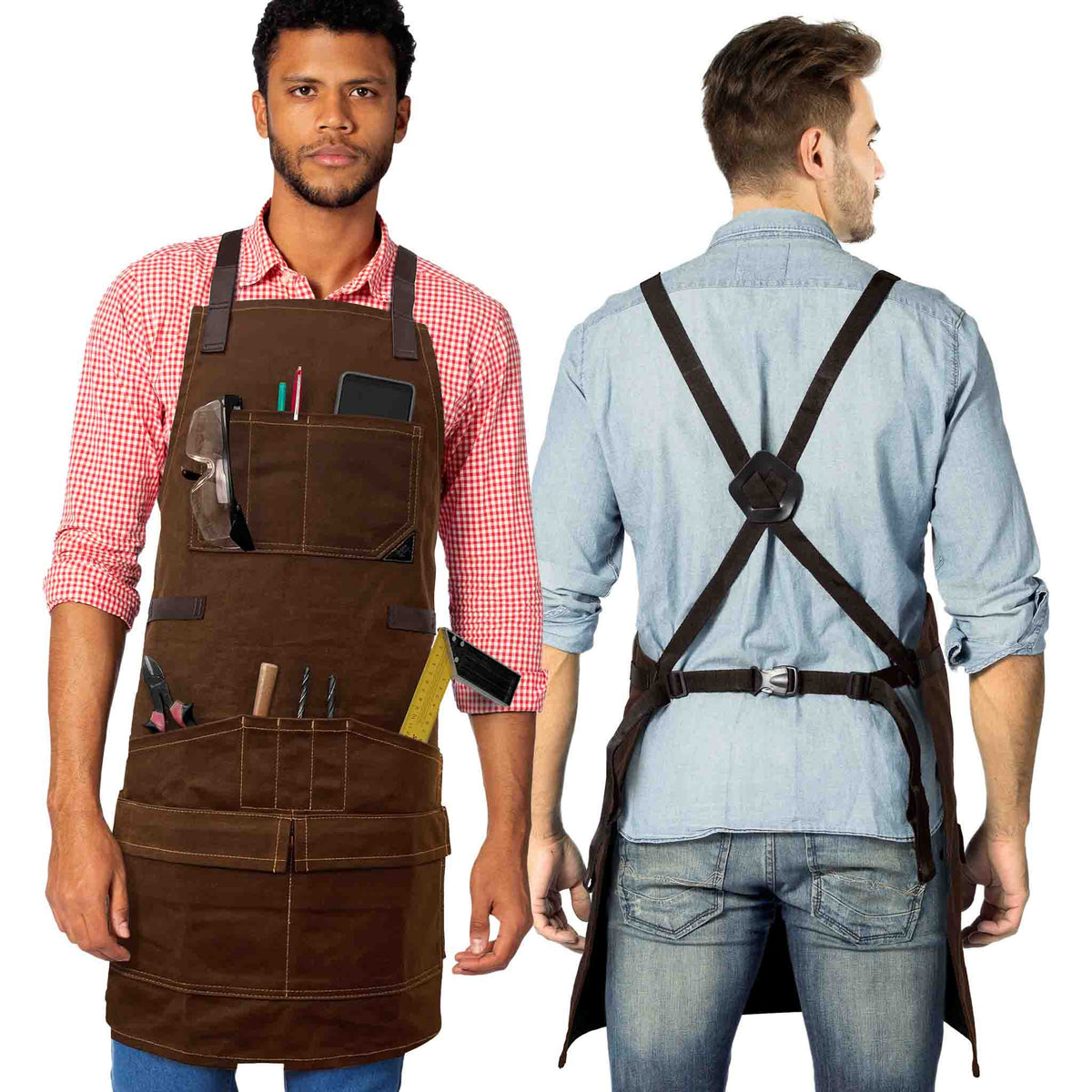 Woodwork Apron - 12 pockets &amp; loops, Waxed Canvas, Cross-Back, Leather Reinforcement - Carpenter, Workshop, Tool - Under Ny Sky