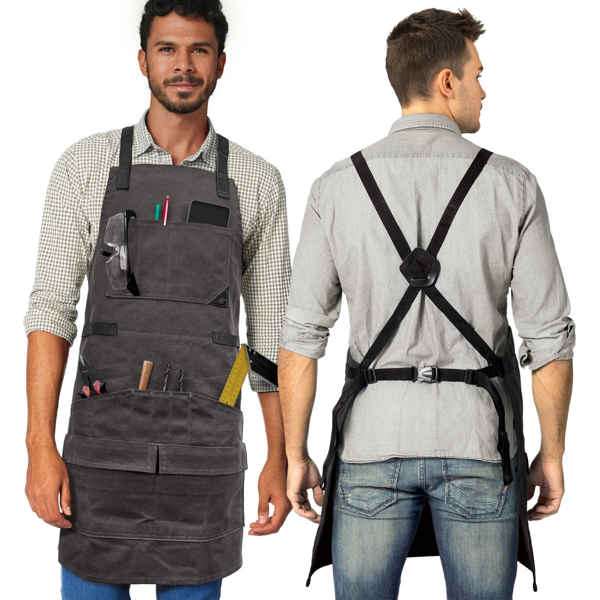 Woodwork Apron - 12 pockets &amp; loops, Waxed Canvas, Cross-Back, Leather Reinforcement - Carpenter, Workshop, Tool - Under Ny Sky