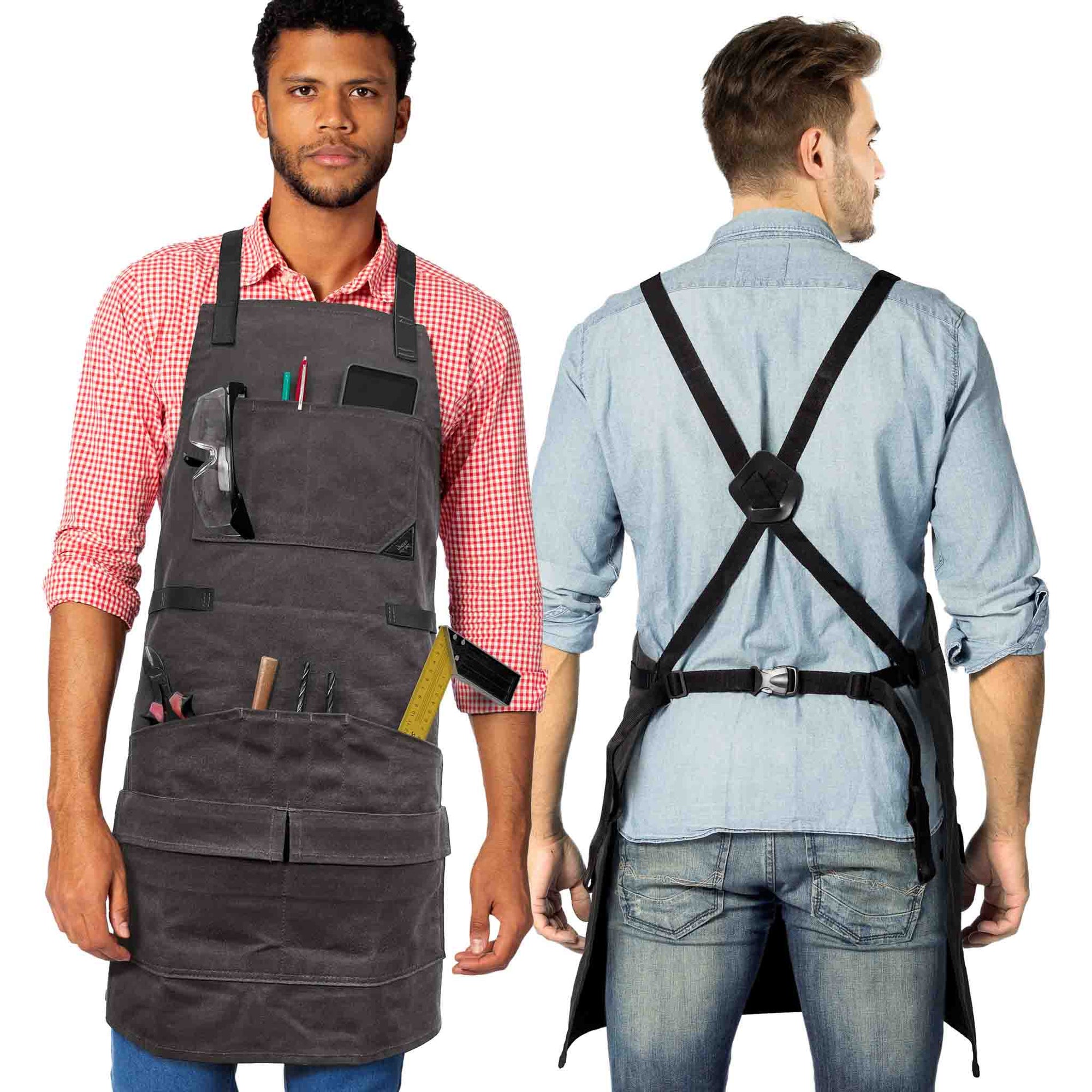 Woodwork Apron - 12 pockets & loops, Waxed Canvas, Cross-Back, Leather Reinforcement - Carpenter, Workshop, Tool - Under Ny Sky