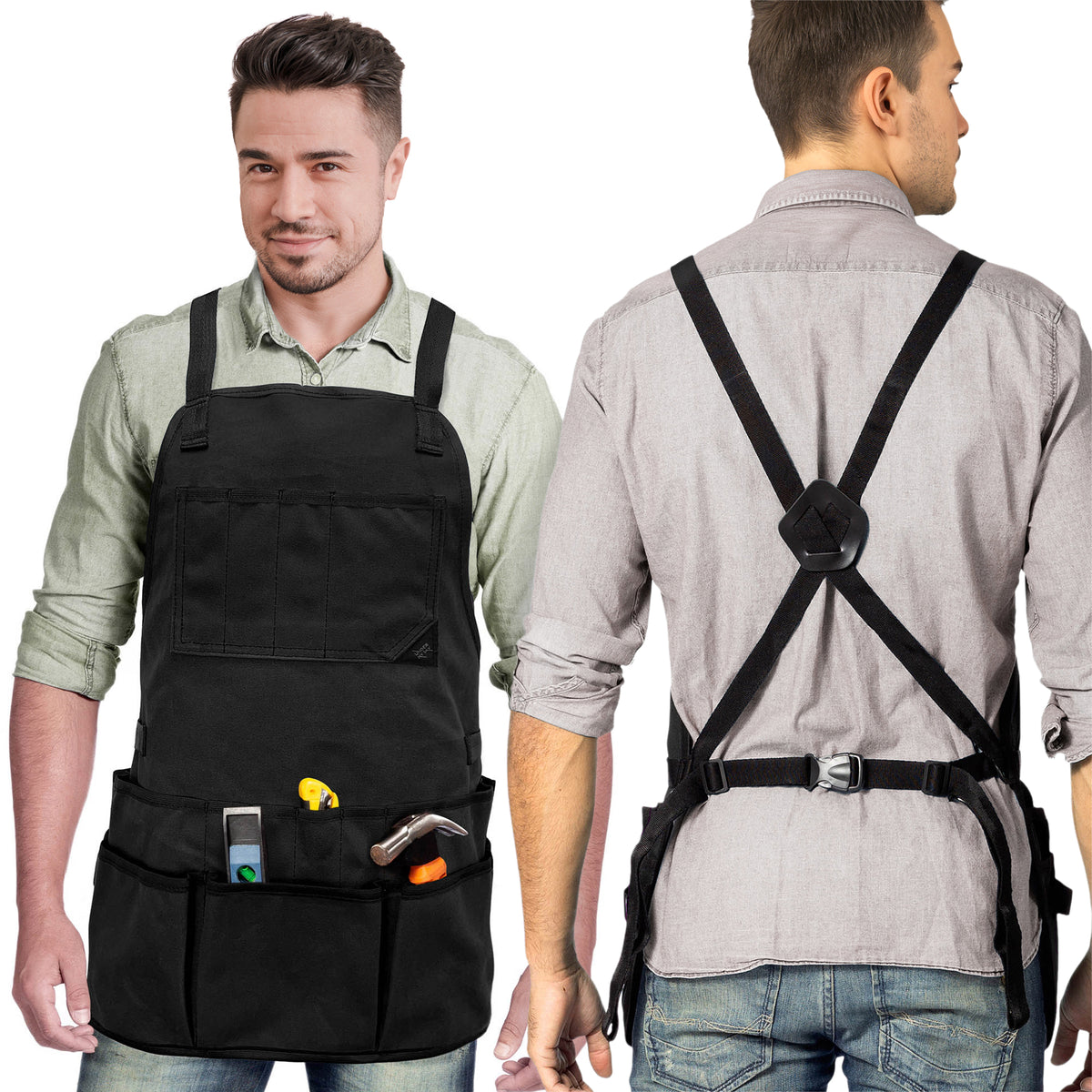 Tool Apron - 20 Pockets &amp; Slots, Cross-Back, Sturdy Waxed Canvas - Under NY Sky