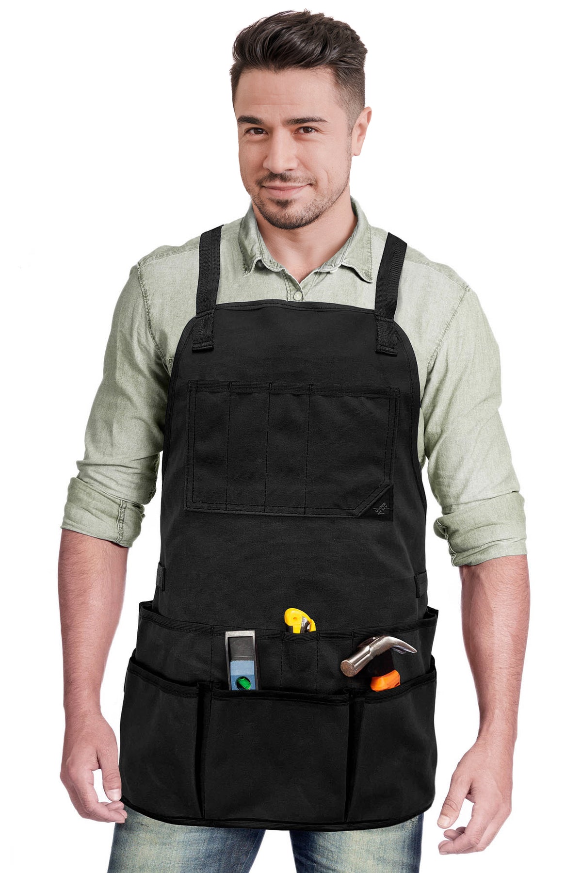 Tool Apron - 20 Pockets &amp; Slots, Cross-Back, Sturdy Waxed Canvas - Under NY Sky