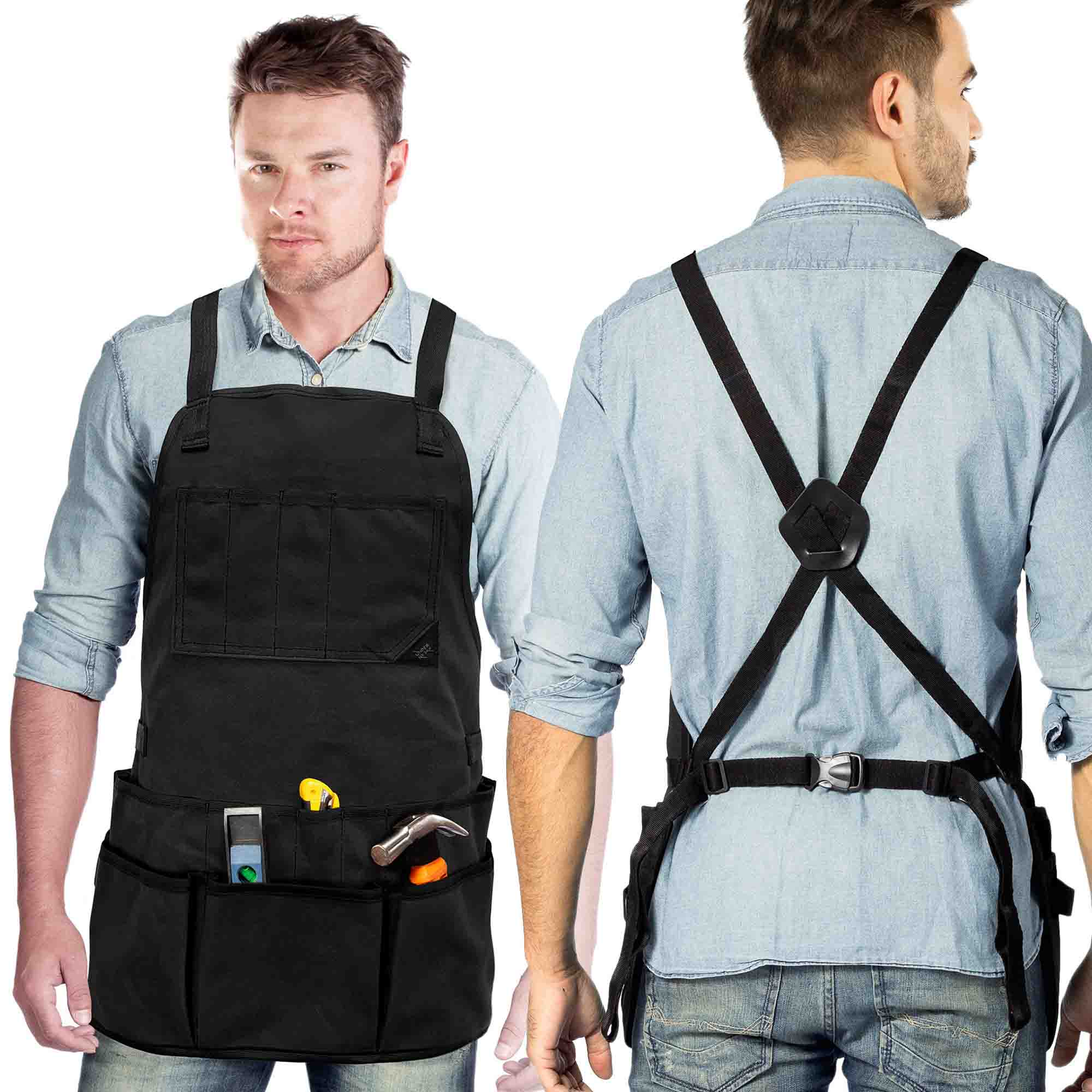 Tool Apron - 20 Pockets & Slots, Cross-Back, Sturdy Waxed Canvas