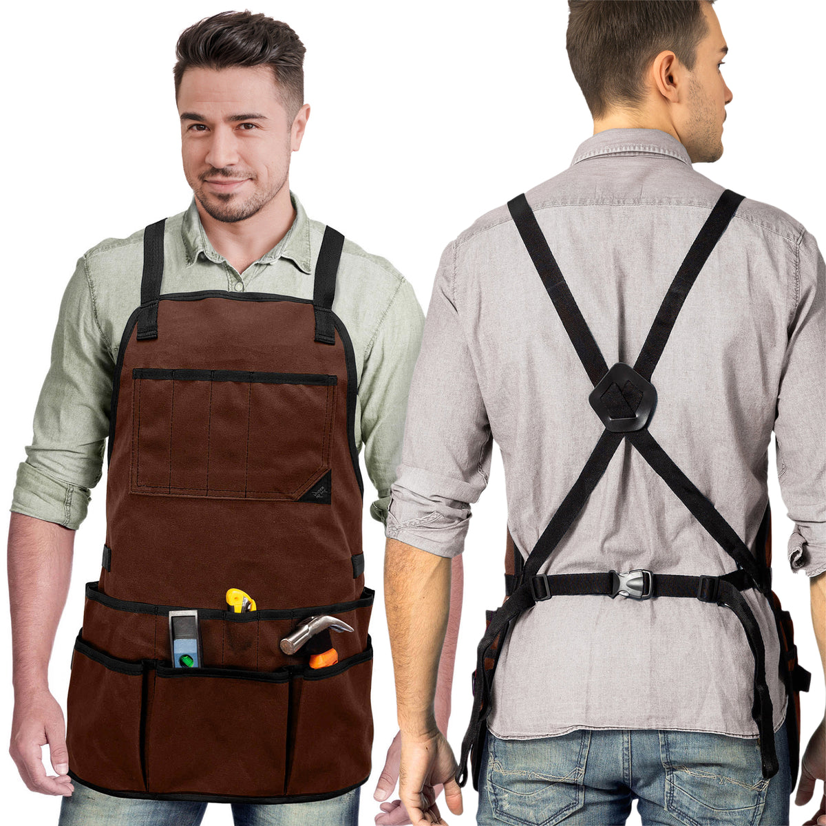 Tool Apron - 20 Pockets &amp; Slots, Cross-Back, Sturdy Waxed Canvas - Under NY Sky