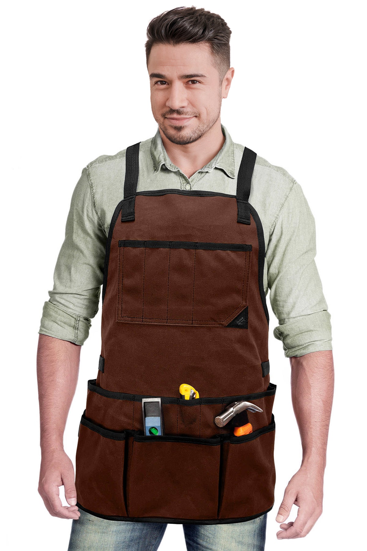 Tool Apron - 20 Pockets &amp; Slots, Cross-Back, Sturdy Waxed Canvas - Under NY Sky