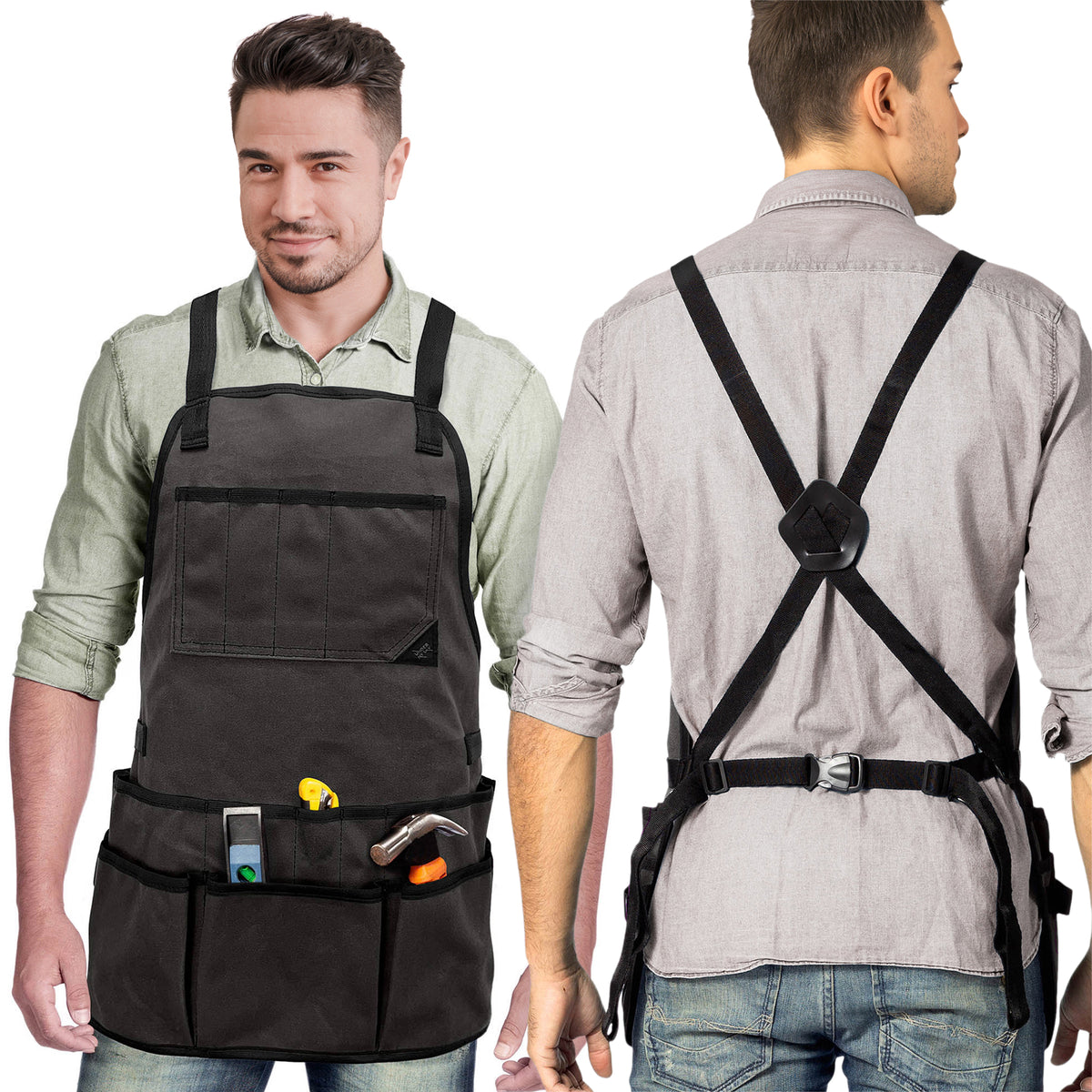 Tool Apron - 20 Pockets &amp; Slots, Cross-Back, Sturdy Waxed Canvas - Under NY Sky