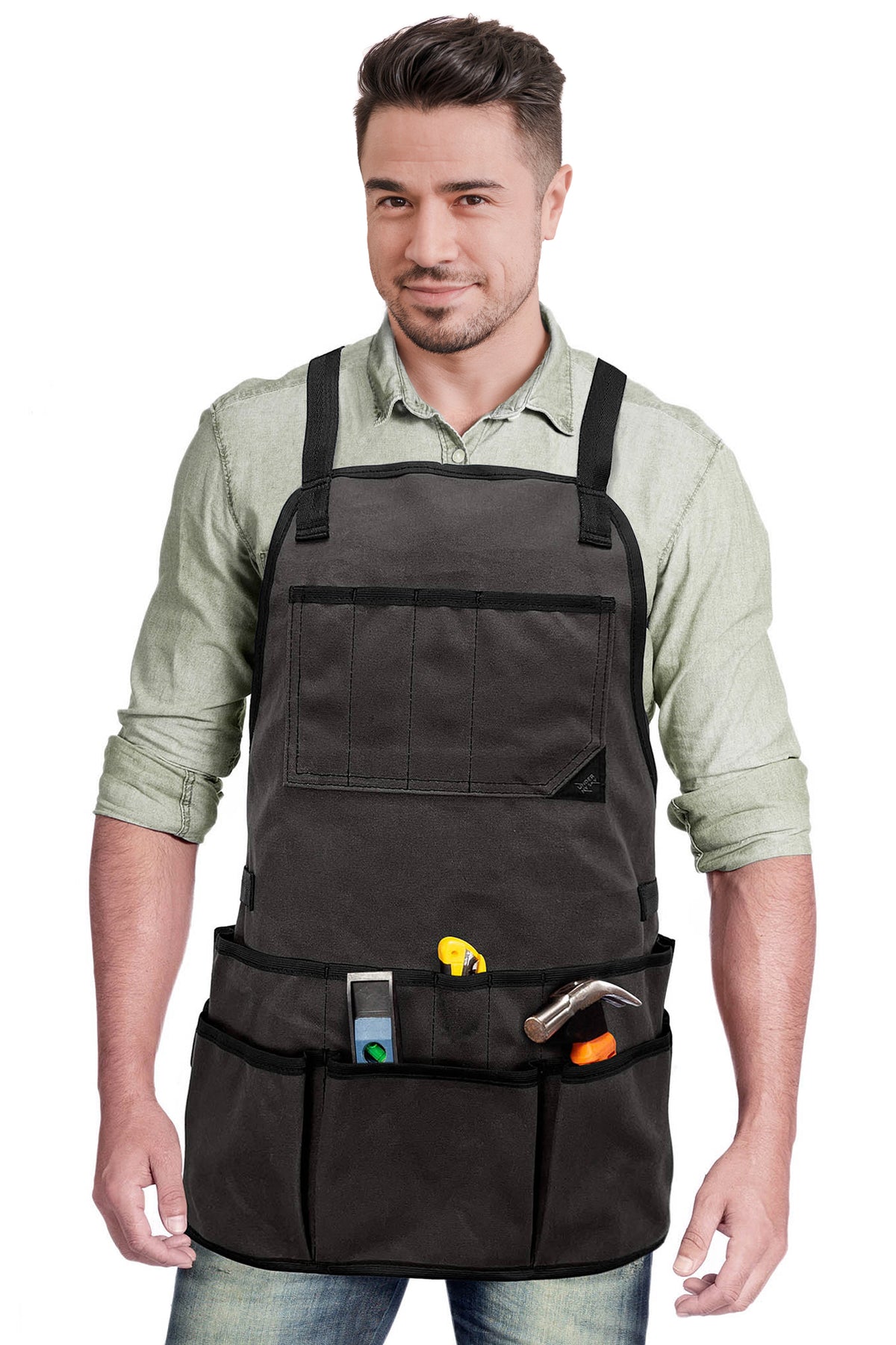 Tool Apron - 20 Pockets &amp; Slots, Cross-Back, Sturdy Waxed Canvas - Under NY Sky
