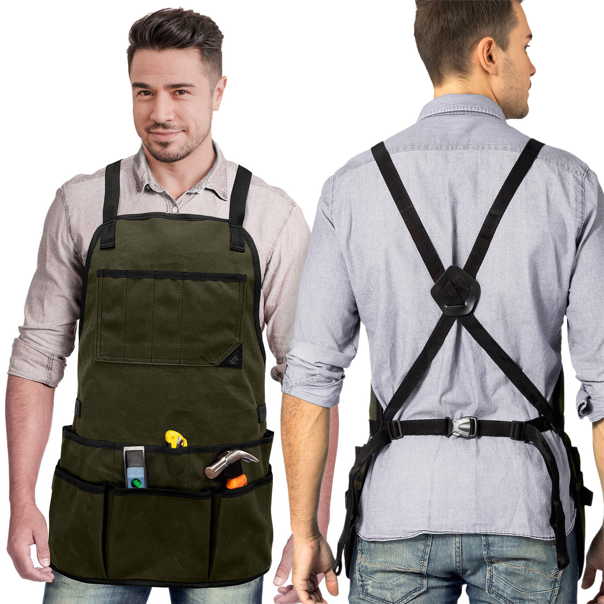 Tool Apron - 20 Pockets &amp; Slots, Cross-Back, Sturdy Waxed Canvas - Under NY Sky