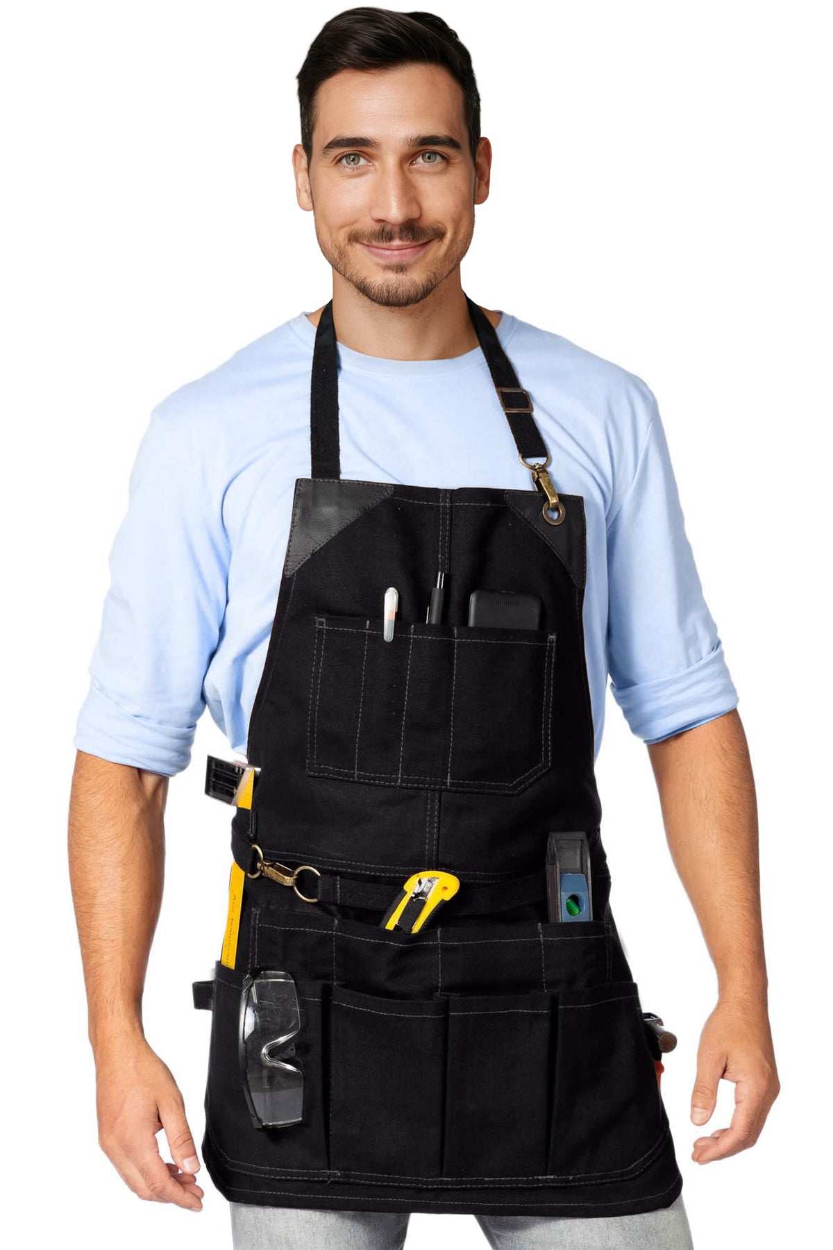 Tool Apron - 12 Pockets, Heavy-Duty Waxed Canvas, Leather Trim, NoTie - Woodwork, Garden, Shop - Under NY Sky