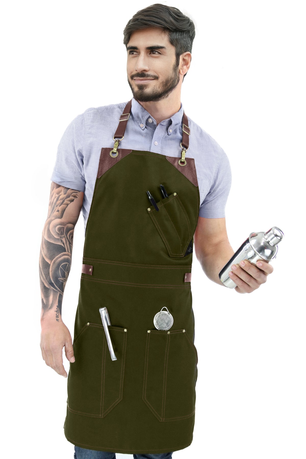 Barista Apron - Leather Straps &amp; Loops - Double Stitched  - Chef, Cook, Barista, Bartender -  Under NY Sky