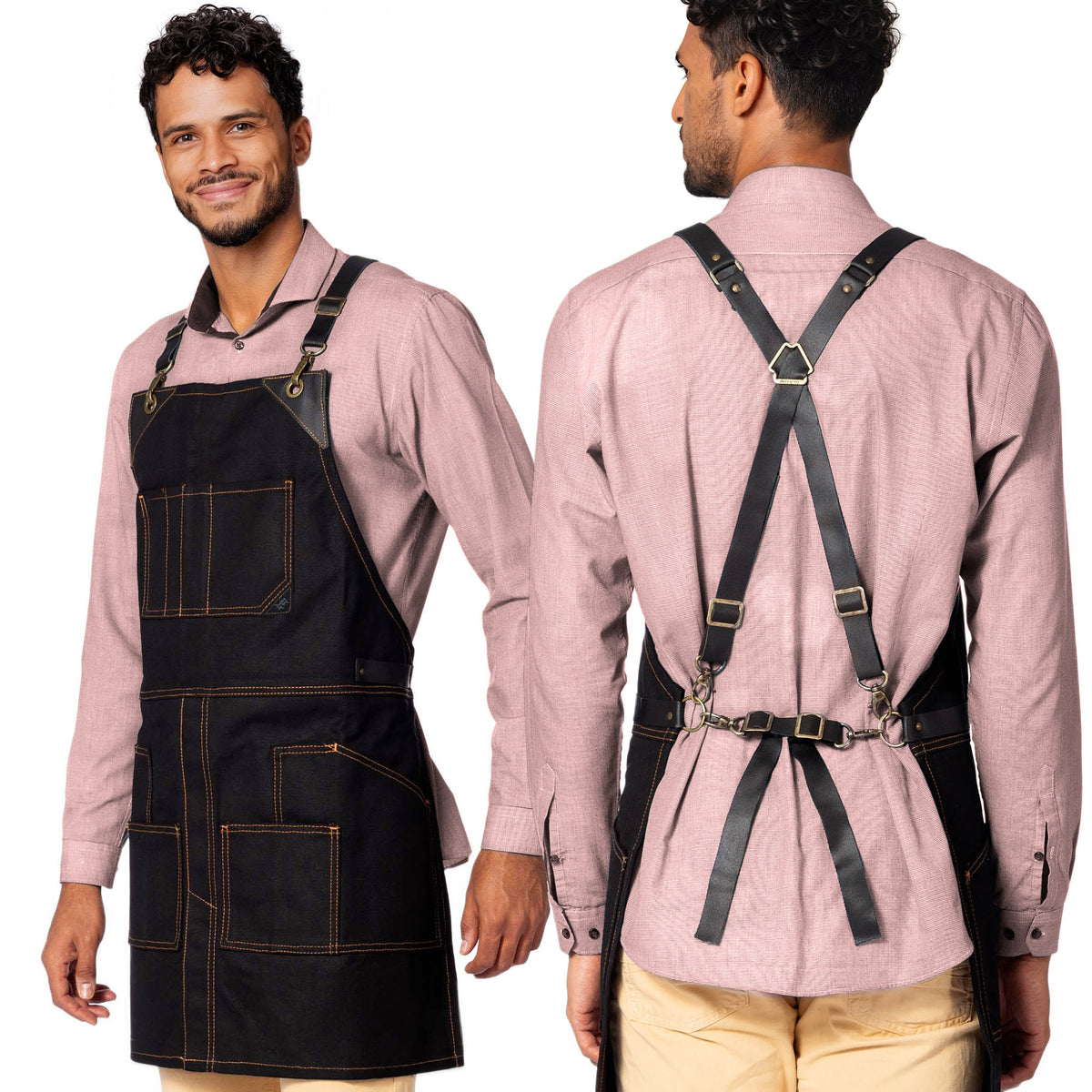Leather Straps Apron - Denim or Waxed Canvas, CrossBack, Easy-Fastening - Carpenter, Shop, Work