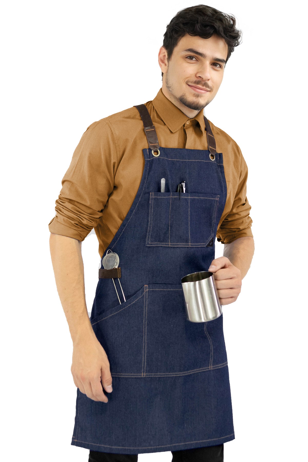 Work Apron - Professional Denim &amp; Twill, Leather Trim, CrossBack, Chef, Bartender, Shop, Server - Under NY Sky