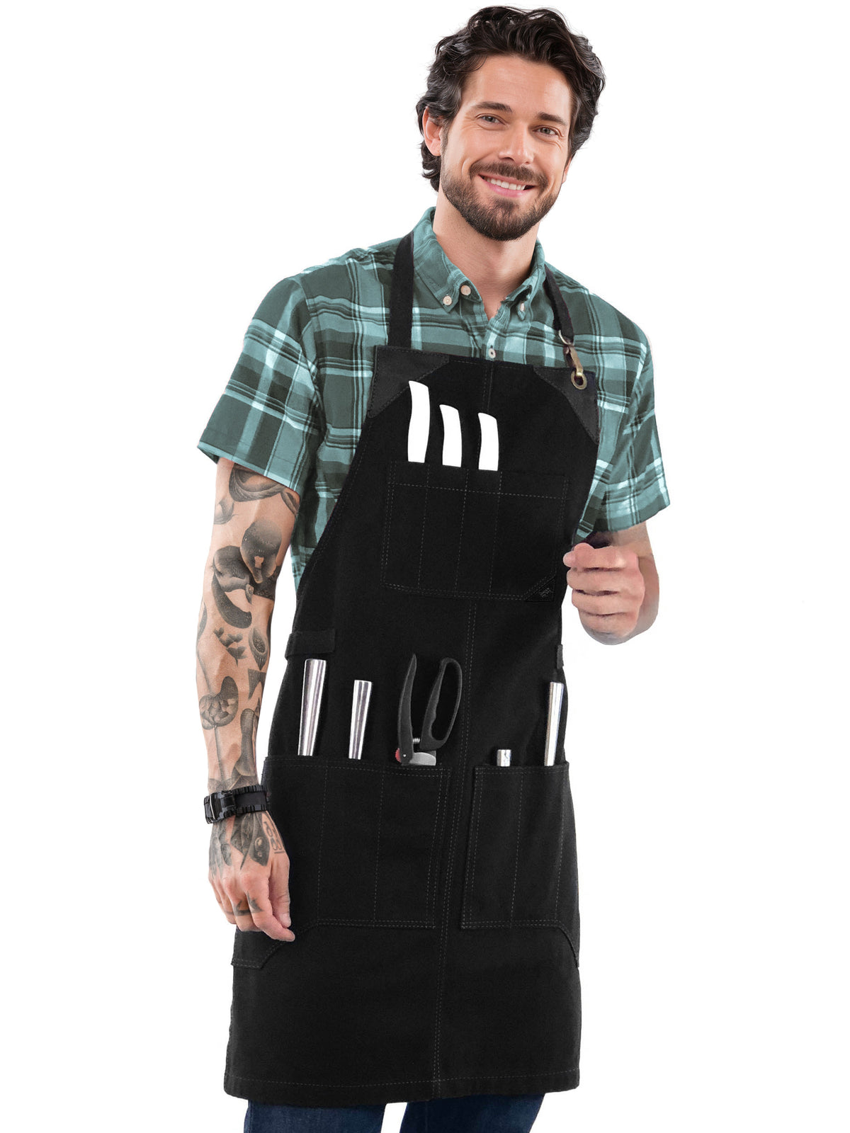 Utility Apron - Heavy-Duty Canvas, Folds into Knife Roll, Leather Trim - Chef, BBQ, Butcher - Under NY Sky 