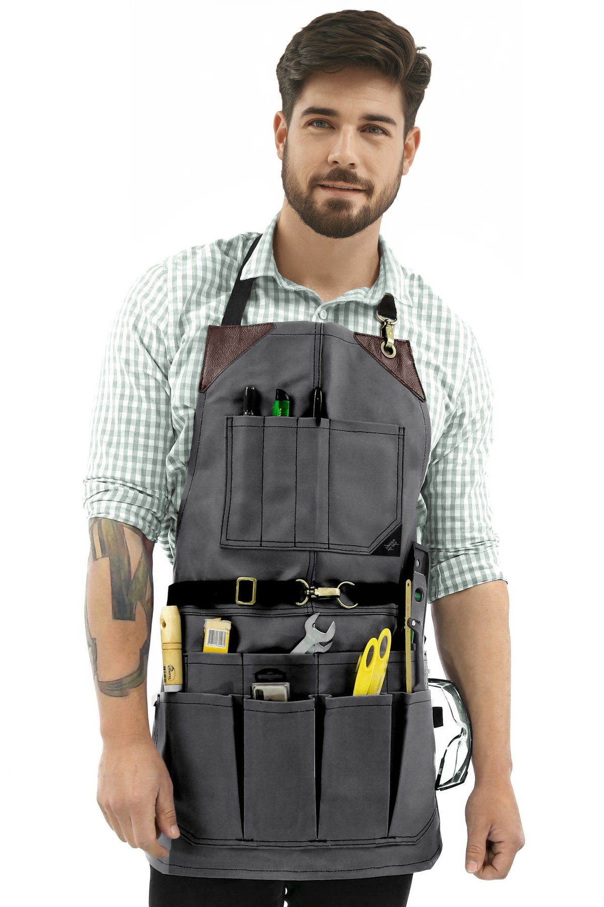 Tool Apron - 12 Pockets, Heavy-Duty Waxed Canvas, Leather Trim, NoTie - Woodwork, Garden, Shop - Under NY Sky