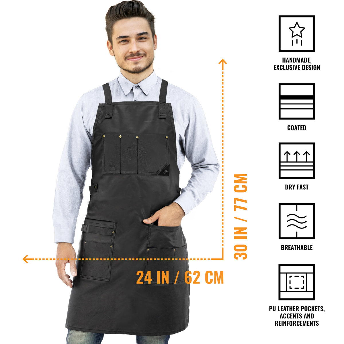 Barber Apron - Leather Straps, Pockets, Loops & Reinforcements - Crossback - Water Resistant - Under NY Sky
