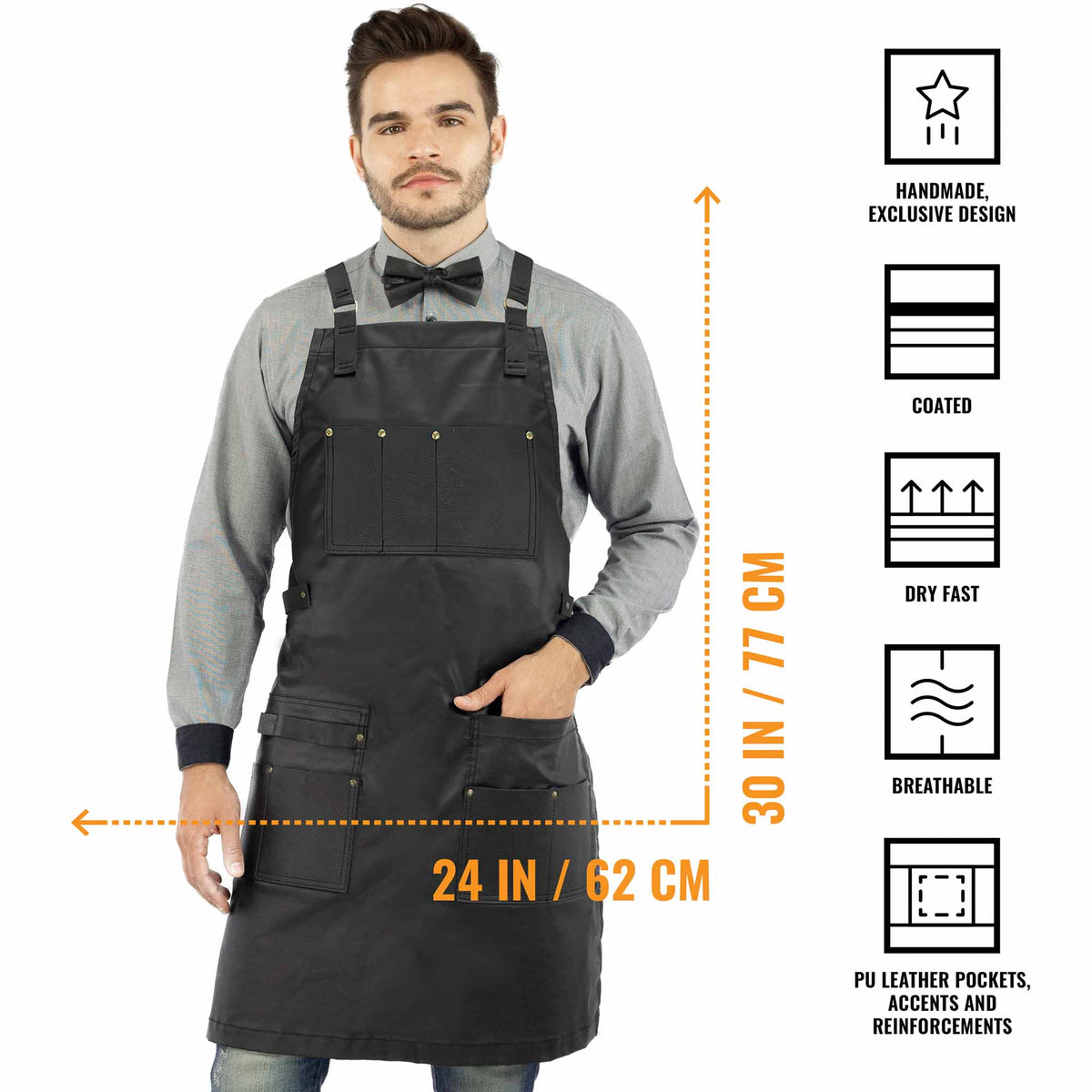 Barber Apron - Leather Straps, Pockets, Loops &amp; Reinforcements - Crossback - Water Resistant - Under NY Sky
