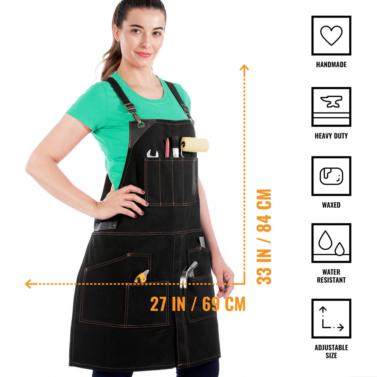 Leather Straps Apron - Denim or Waxed Canvas, CrossBack, Easy-Fastening - Carpenter, Shop, Work
