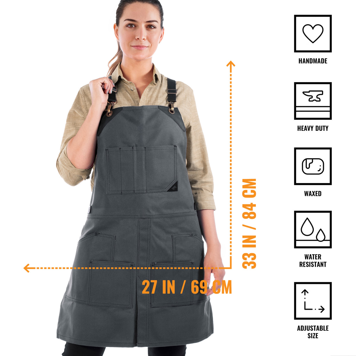Leather Straps Apron - Denim or Waxed Canvas, CrossBack, Easy-Fastening - Carpenter, Shop, Work