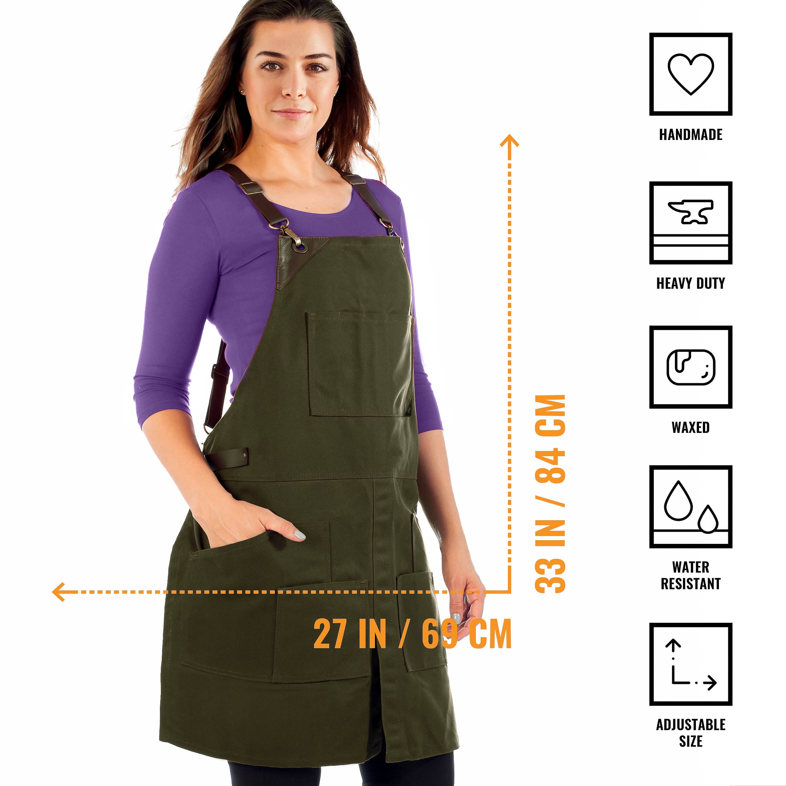 Leather Straps Apron - Waxed Canvas, CrossBack, Many pockets