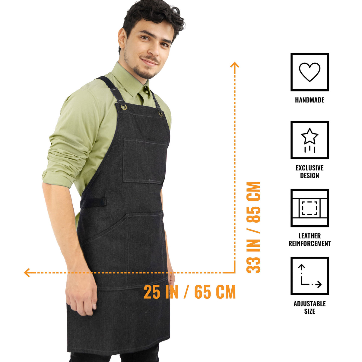 Work Apron - Professional Denim &amp; Twill, Leather Trim, CrossBack, Chef, Bartender, Shop, Server - Under NY Sky