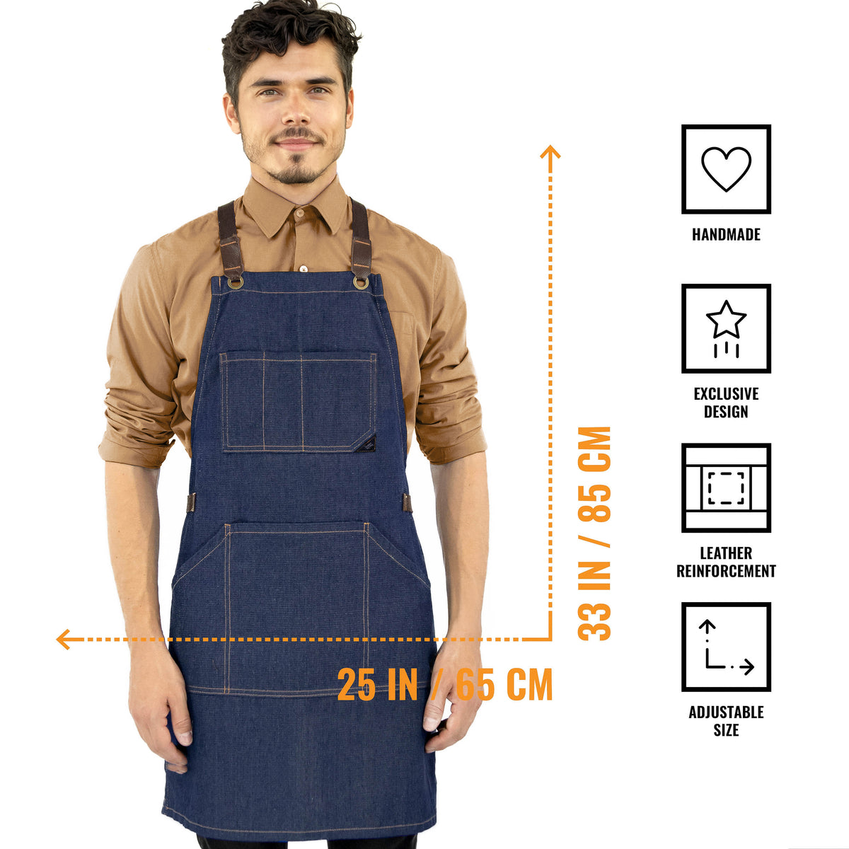 Work Apron - Professional Denim &amp; Twill, Leather Trim, CrossBack, Chef, Bartender, Shop, Server - Under NY Sky
