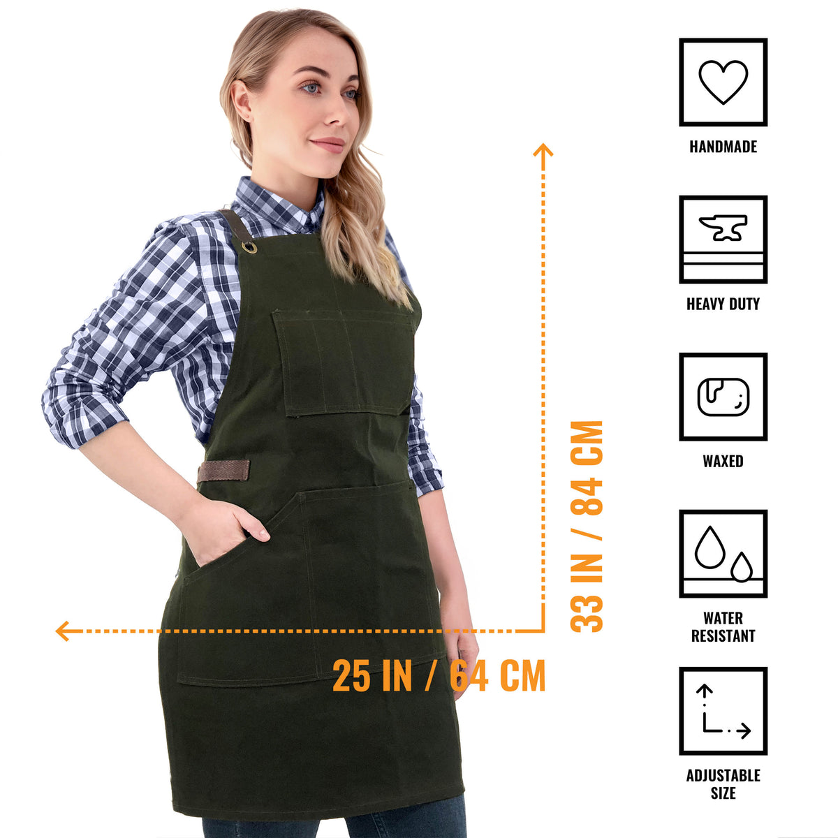 Work Apron - Waxed Canvas, Tool Pockets, CrossBack, Heavy-Duty, Chef, Woodwork, BBQ, Shop - Under NY Sky