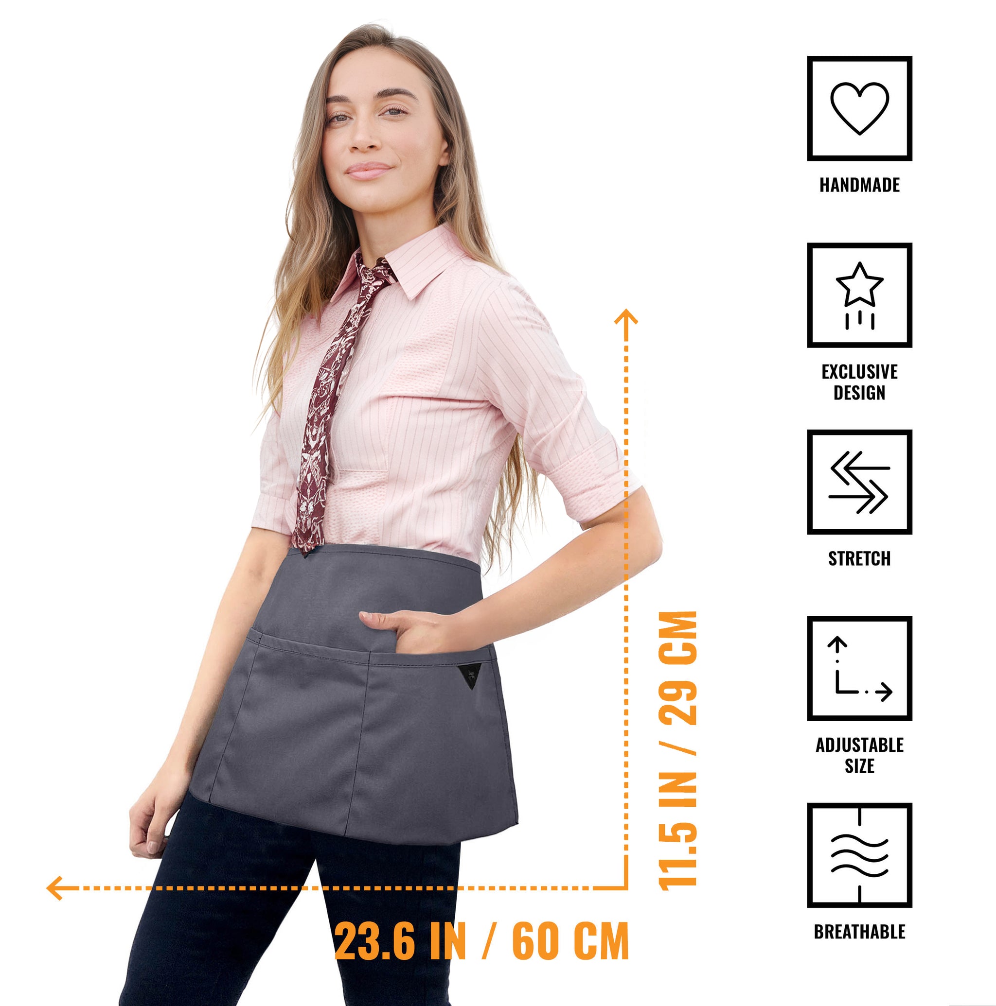 5 Pack Unisex Half Bib Waist Apron With 3 Pockets – Black Polyester Server Workwear