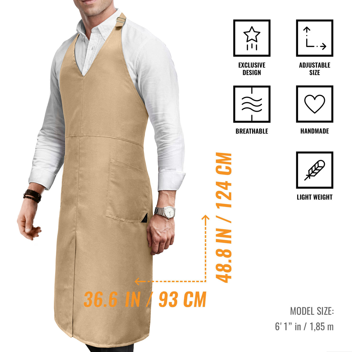 V Neck Long Apron Tuxedo Style - Front Slit, 2 Pockets - Server, Waiter, Chef, Bistrot, Restaurant -  Under NY Sky