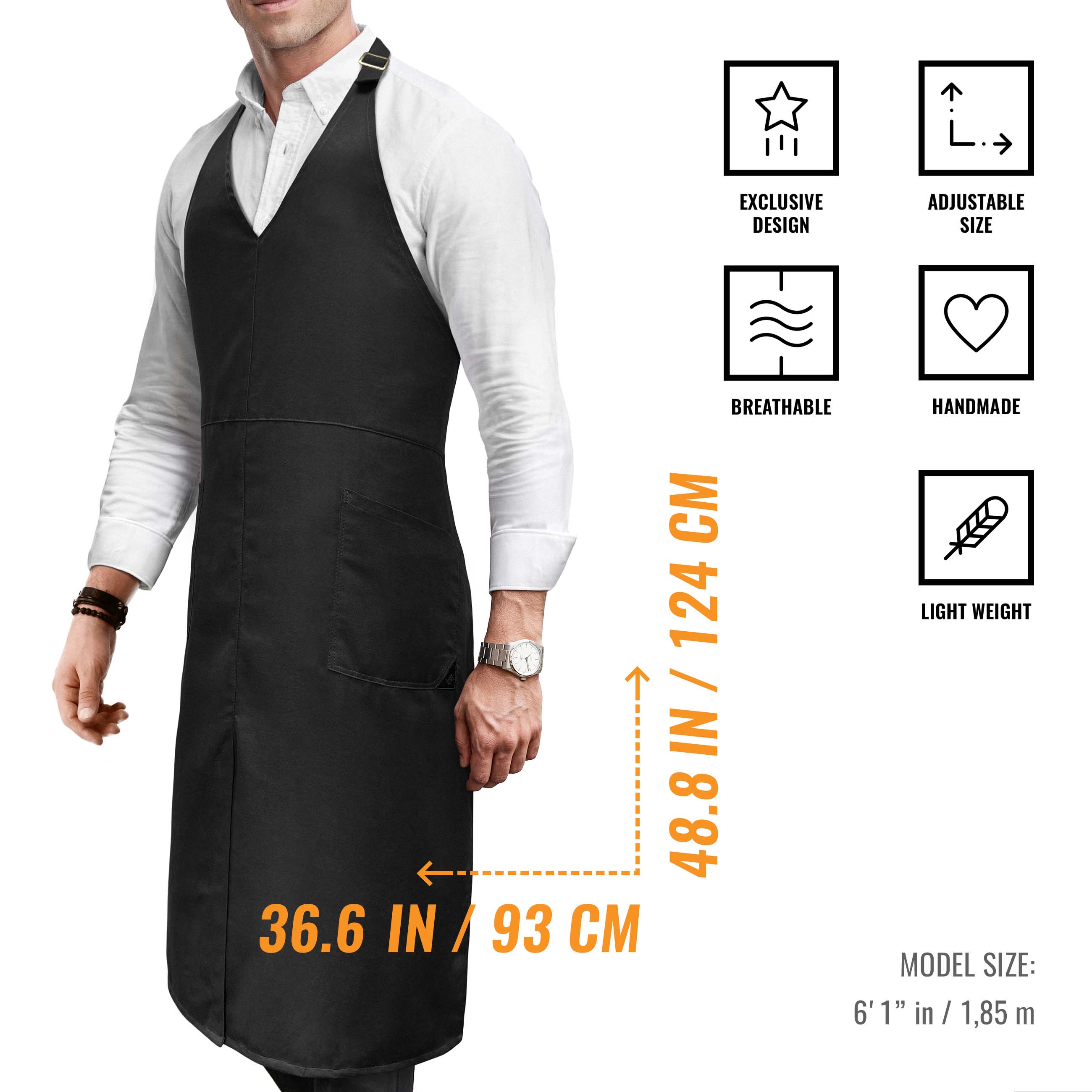 V Neck Long Apron - Front Slit, 2 Pockets, Waiter, Chef, Restaurant
