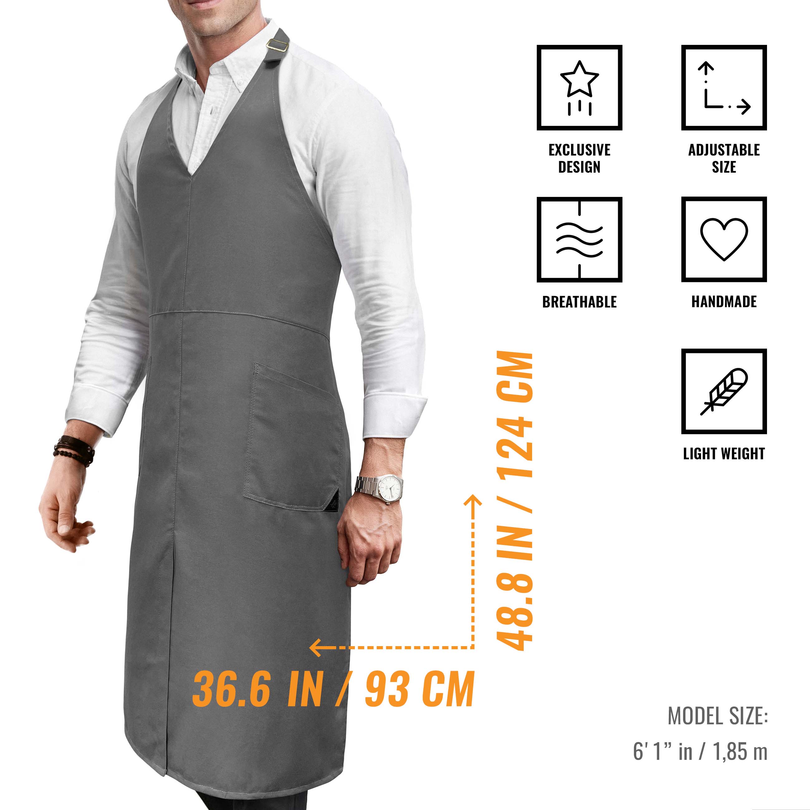 V Neck Long Apron - Front Slit, 2 Pockets, Waiter, Chef, Restaurant