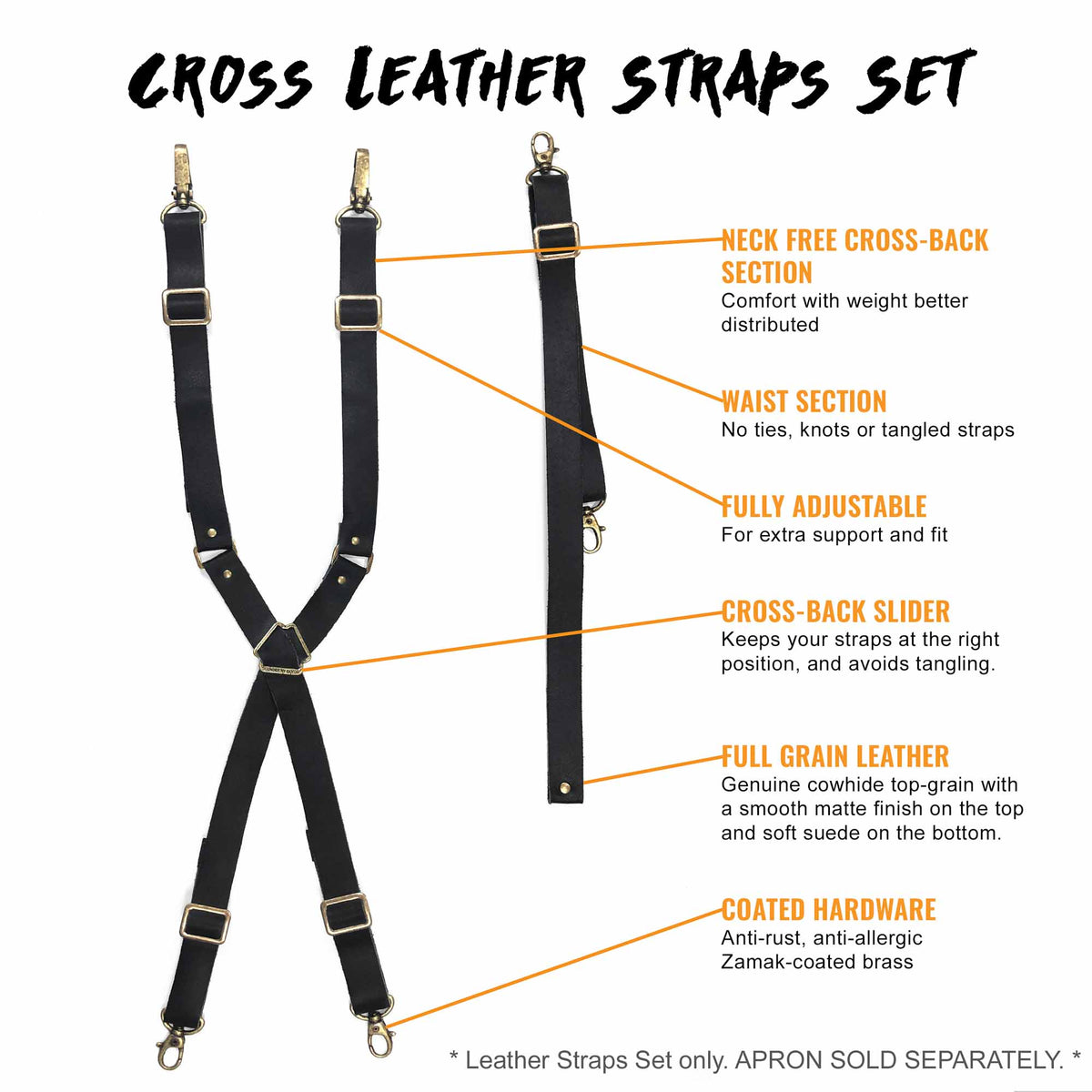 Leather Straps for CrossBack Apron - Shoulder &amp; Waist Set - Chef, Barber, Bartender, Barista - Under NY Sky
