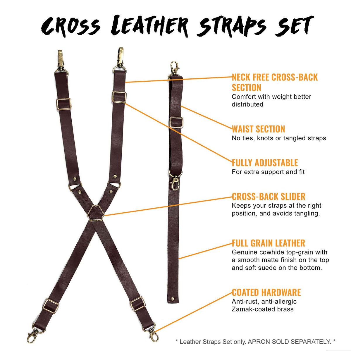 Leather Straps for CrossBack Apron - Shoulder &amp; Waist Set - Chef, Barber, Bartender, Barista - Under NY Sky