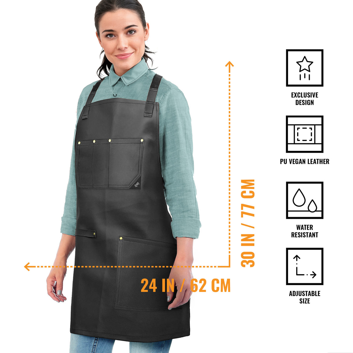 Leather Apron, Cross-back Straps, Reinforced, for Barbers - Vegan Leather - Black or Brown -  Under NY Sky