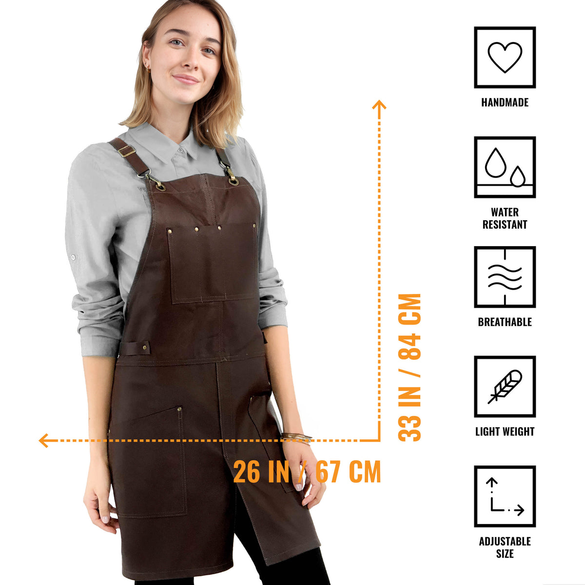 Leather Apron - Real Leather Body, Pockets &amp; Crossback Straps - Split-Leg, Riveted, Lined - Under NY Sky