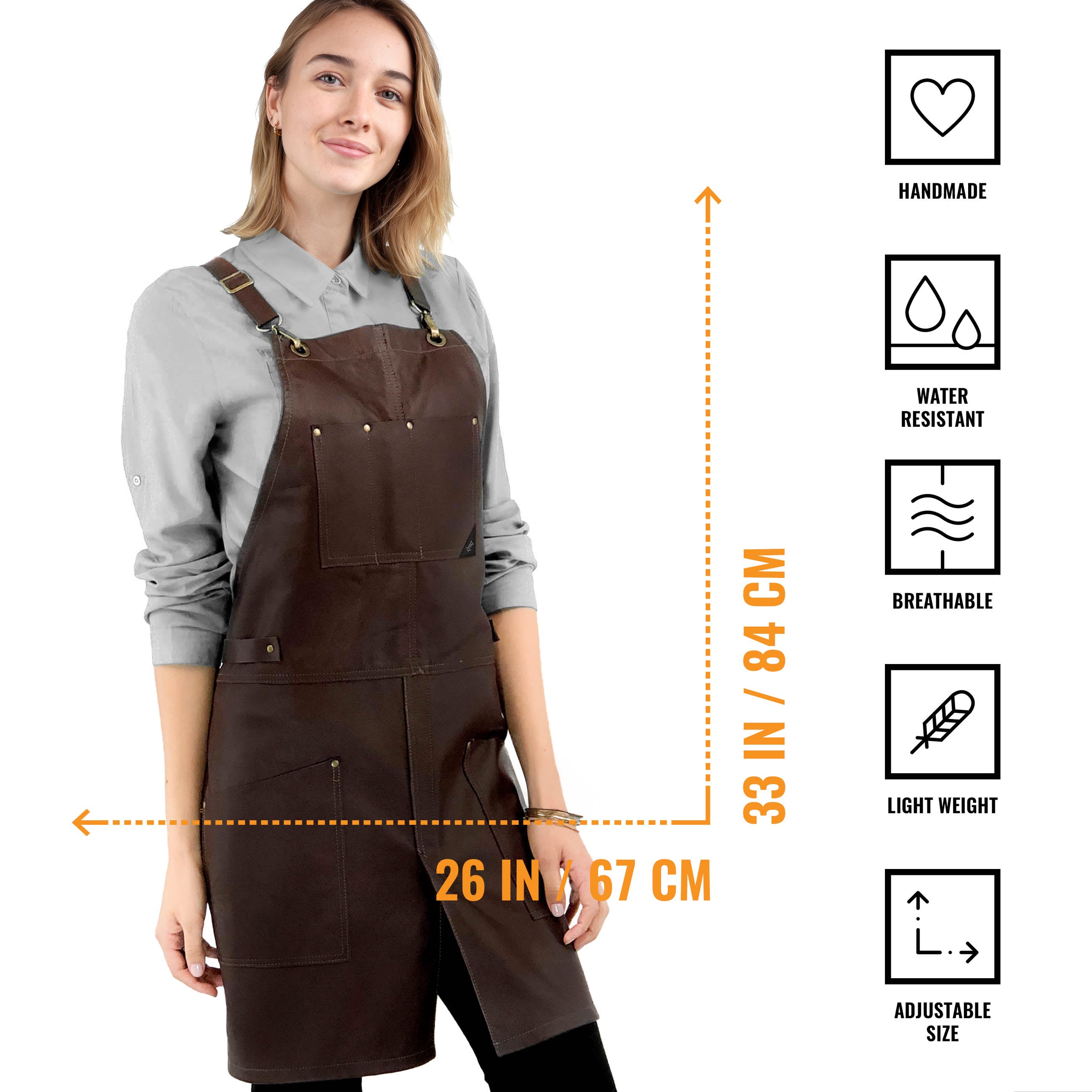 Leather Apron - 100% Real Leather, Crossback Straps - Riveted, Lined