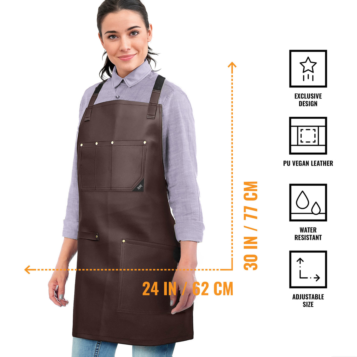 Leather Apron, Cross-back Straps, Reinforced, for Barbers - Vegan Leather - Black or Brown -  Under NY Sky