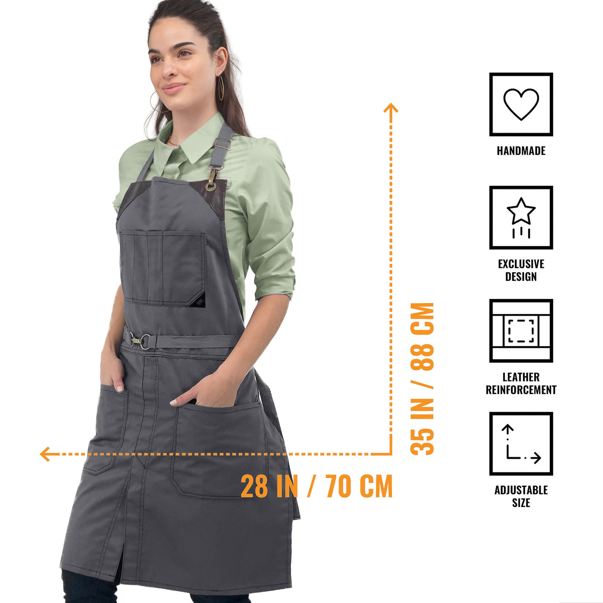 Chef Apron - Twill, No-Tie, Leather Trim, Split - Chef, Bartender, Barista, Grill, Shop - Under NY Sky