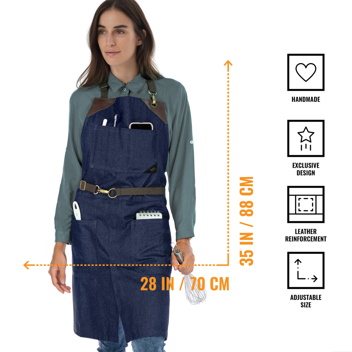 Denim Apron - Easy-Fastening, Leather Trim, Adjustable - Chef, Bartender, BBQ, Shop, Barber, Salon - Under NY Sky