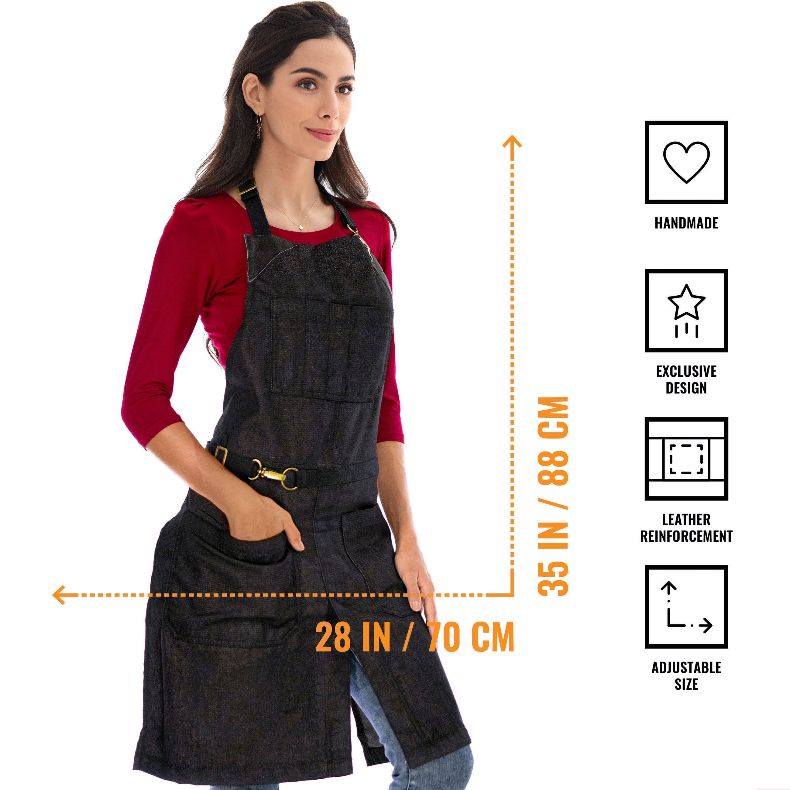 Denim Apron, Many Pockets, Loops, No-Tie, for Chef, Barista