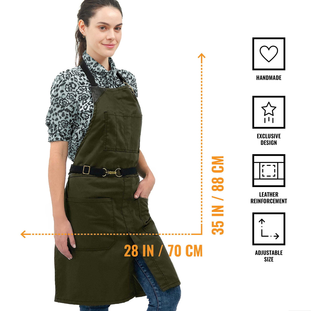 Chef Apron - Twill, No-Tie, Leather Trim, Split - Chef, Bartender, Barista, Grill, Shop - Under NY Sky